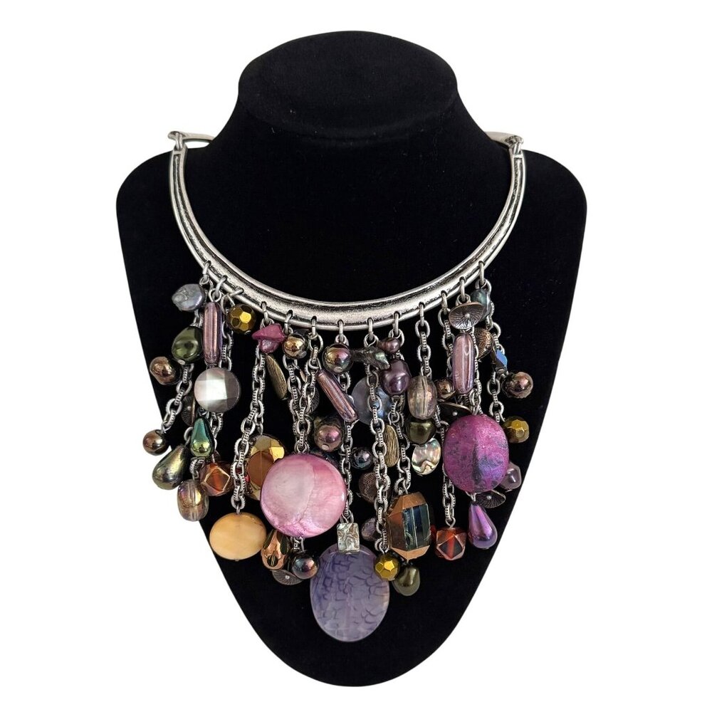Chicos Necklace 15 to 19in Genuine Shell Multi Bead Silver Tone Statement Collar